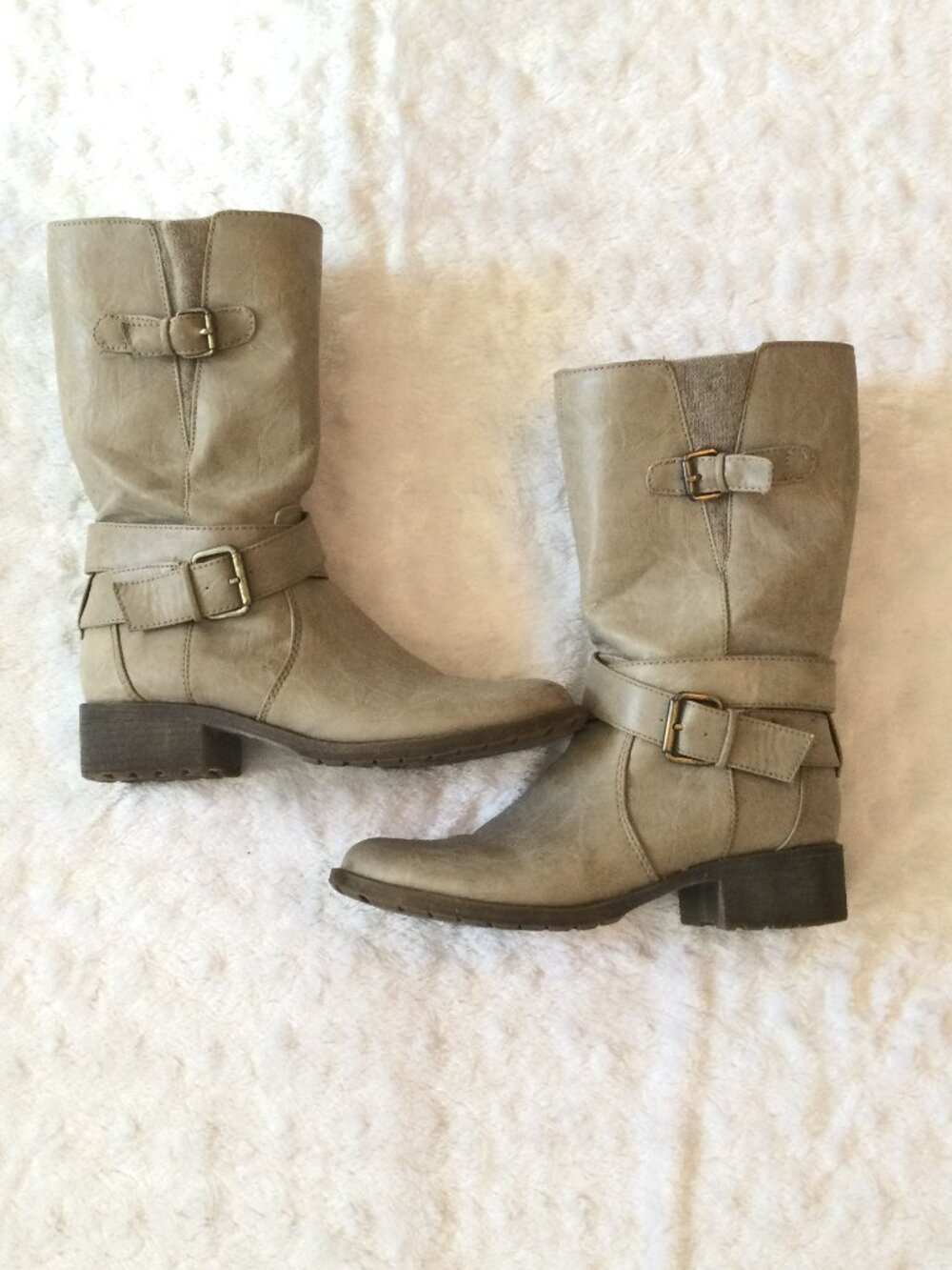 Vtg Natural Soul Naturalizer Tabitha Mid Calf Moto Boots Stone Beige Women 7.5